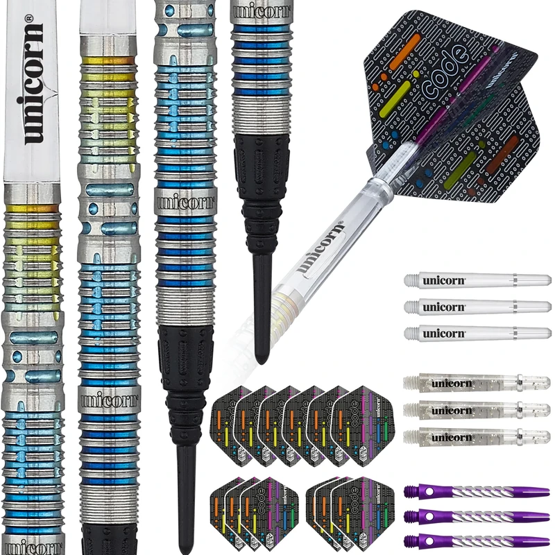 Unicorn Soft Tip Darts Set | Jeffrey 'The Black Cobra' de Zwaan Code Players DNA | 90% Natural Tungsten Barrels with Multicolour Rainbow Titanium Accents | Presentation Packaging | 22 g