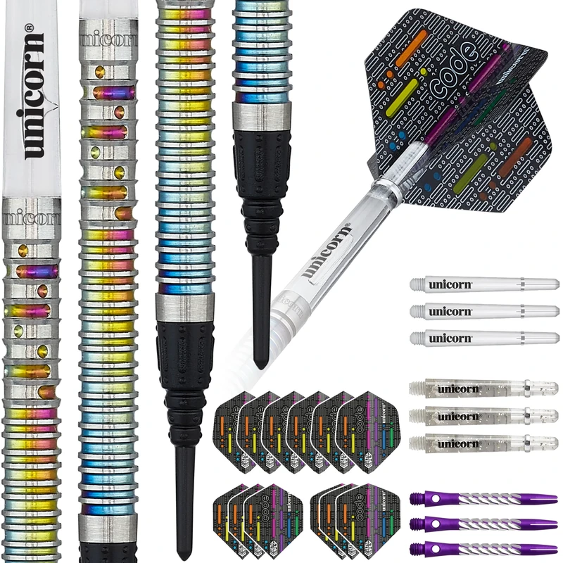 Unicorn Soft Tip Darts Set | Gary 'The Flying Scotsman' Anderson Code Players DNA | 80% Natural Tungsten Barrels with Multicolour Rainbow Titanium Accents | 18 g