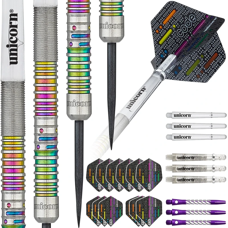 Unicorn Steel Tip Darts Set | James 'The Machine' Wade Code | 90% Natural Tungsten Barrels with Multicolour Titanium Accents | 22 g