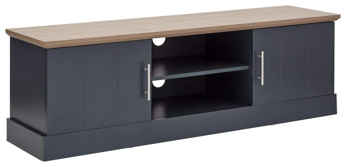 GFW Kendal Oak Large Unit with Display Shelf & Storage, Wooden Entertainment Stand Cabinet with Rear Cable Entry for Max 65 Inch TV, Slate Blue, H-48cm x W-150cm x D-39cm