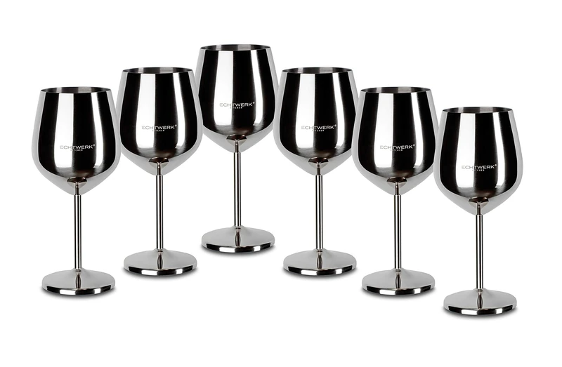 ECHTWERK Shatterproof Stainless Steel Wine Glasses, Wine Glass Set, Red Wine Glass, Camping Glasses, Cocktail Glasses, Robust, Unbreakable, Silver Edition, 6 Pieces, 21 x 7.3 cm, 0.5 L
