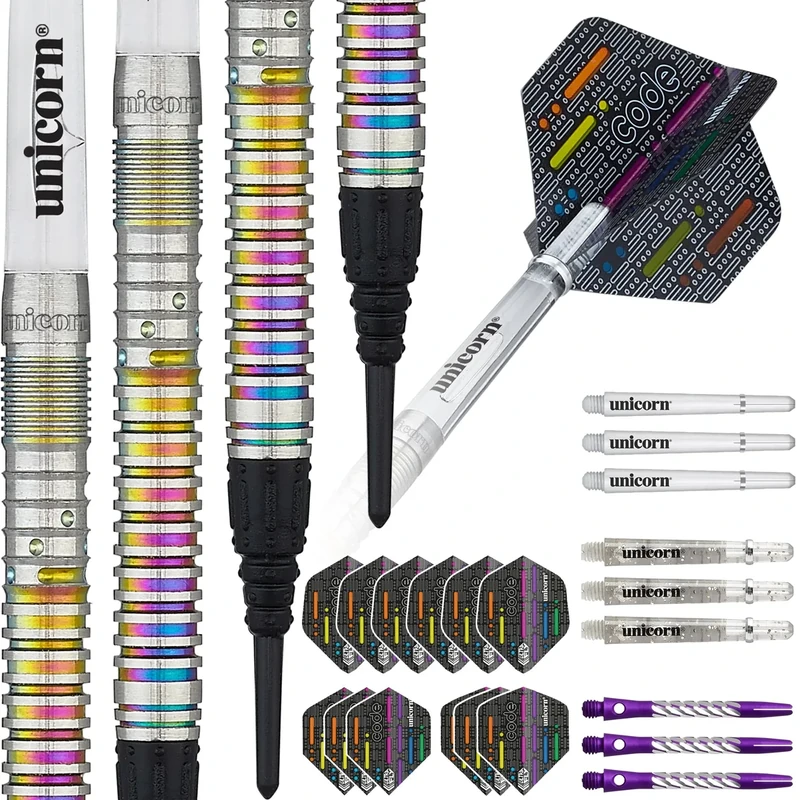 Unicorn Soft Tip Darts Set | Ian 'Diamond' White Code Players DNA | 90% Natural Tungsten Barrels with Multicolour Rainbow Titanium Accents | 18 g