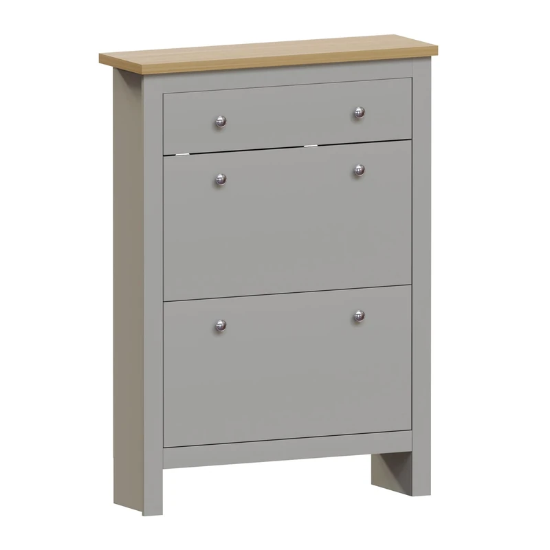 Vida Designs Arlington Shoe Cabinet, Wooden Shoe Storage Unit with 1 slider & 2 Pull-Down Drawers, Multifunctional Dust-Proof Space-Saving Slim for Hallway or Entryway (Grey & Oak)