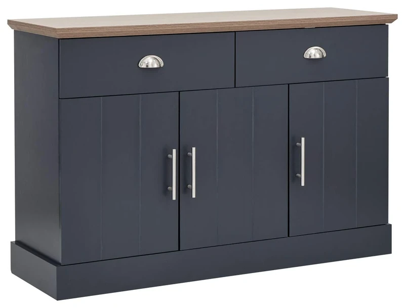 GFW Kendal Sideboard Cabinet Unit With 2 Storage Drawers & 3 Door Storage Cupboard, Contemporary Wooden Sideboards For Living Room, Dining Room & Kitchen, Slate Blue & Oak, H-77cm x W-117cm x D-39cm