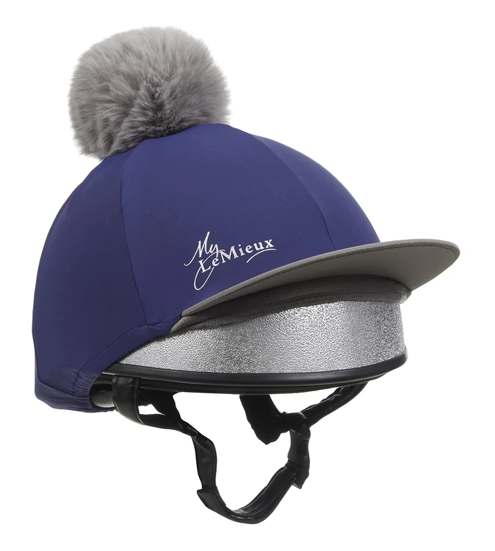 LeMieux Pom Pom Horse Riding Hat Silk in Ink Blue with 4 Way Stretch Fabric Coordinates with Base Layers & Saddle Pads - One Size