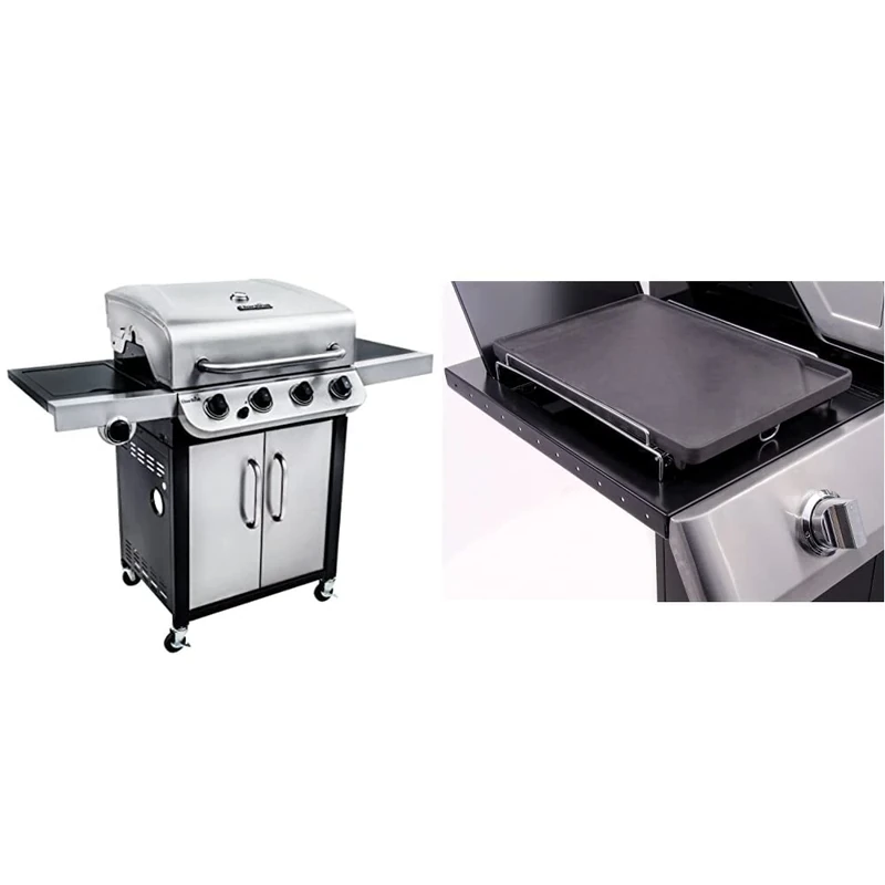 Char-Broil Convective Series 440S - 4 Burner Gas Barbecue Grill with Side-burner, Stainless Steel Finish. & 140 515 - Cast Iron Side-Burner Griddle (Plancha).