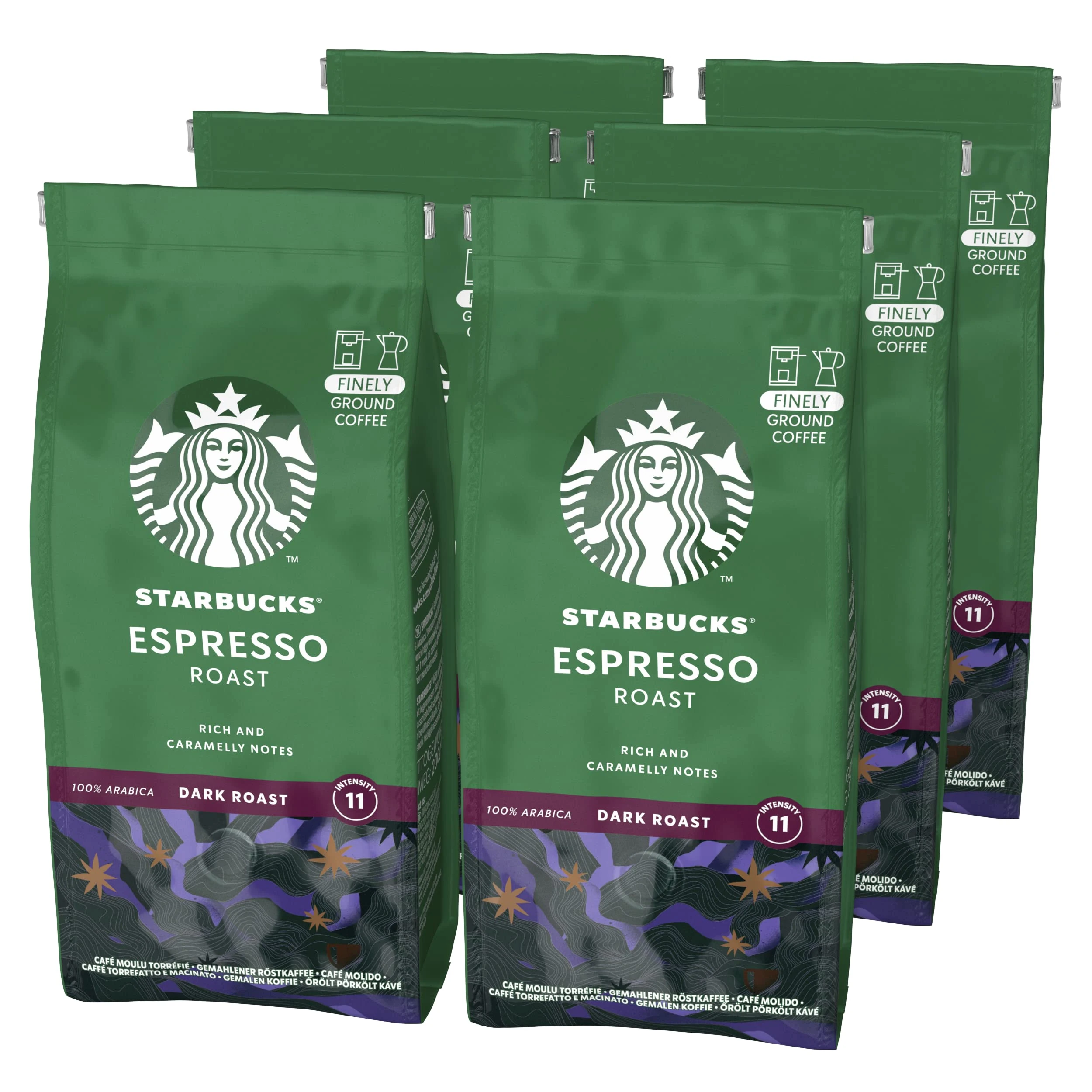 STARBUCKS Espresso Roast, Dark Roast, Ground Coffee 200g (Pack of 6)