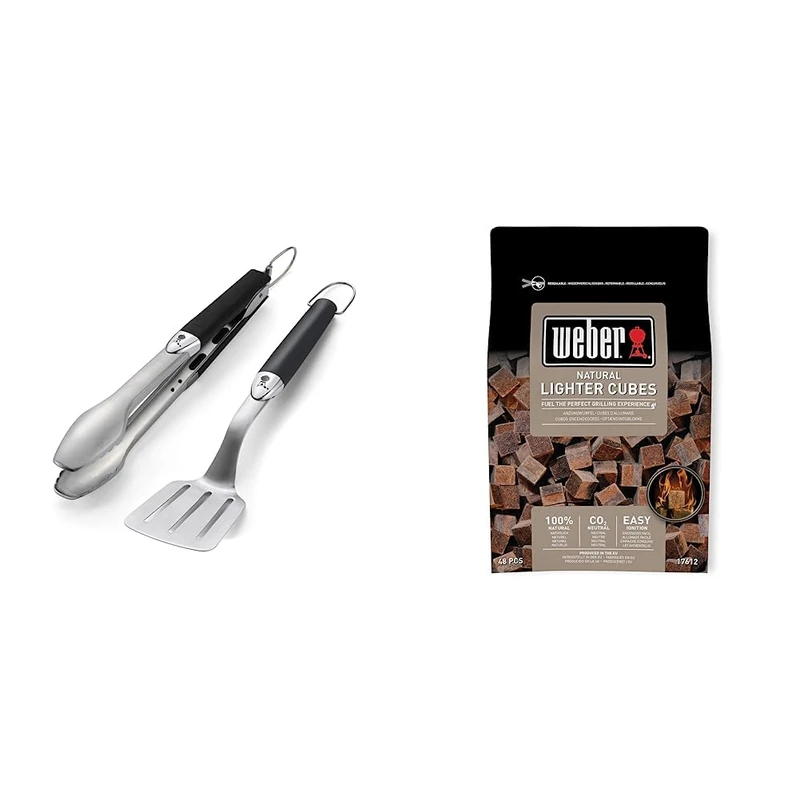 Weber Premium BBQ Tool Set - 2 Pc Stainless Steel Tongs & Spatula for Barbecue Cooking | Compact Travel Size BBQ Metal Utensils & Natural Lighter Cubes
