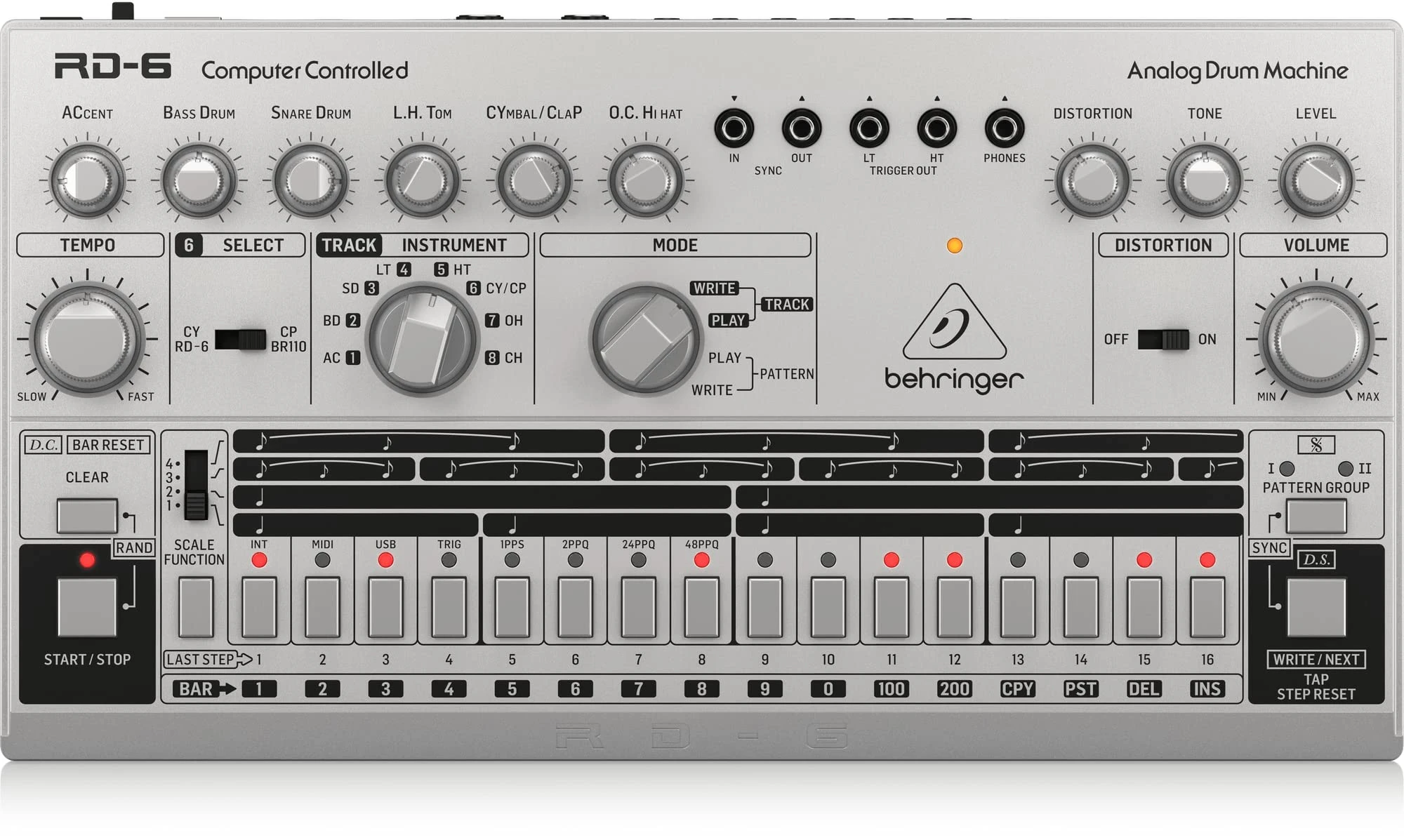 Behringer RHYTHM DESIGNER RD-6-SR Analog Drum Machine with 8 Drum Sounds, 64 Step Sequencer and Distortion Effects