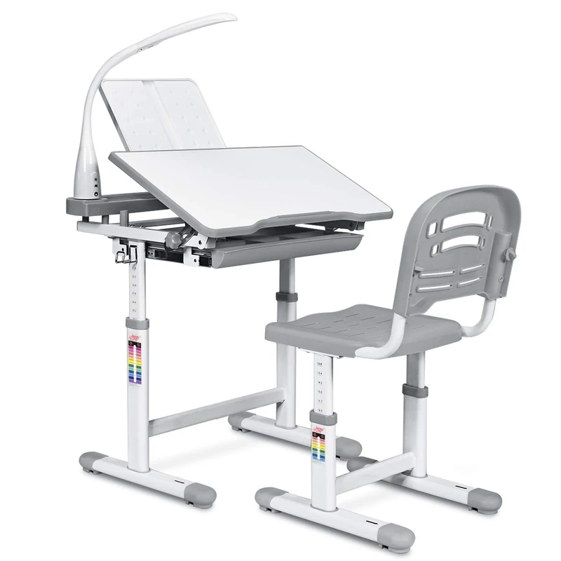 GYMAX Kids Desk and Chair Set, Height Adjustable Student Study Table with Eye Protection Lamp and Reading Stand, Multifunctional Children Writing Desk Set for Girls Boys (Grey)