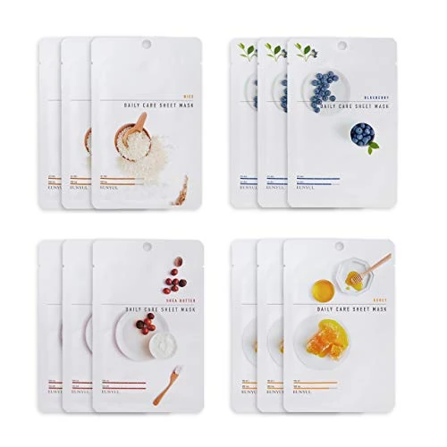 [Pack of 12] EUNYUL Daily Care Facial Sheet Mask Pack (4types x 3pcs) Rice & Blueberry & Shea Butter & Honey for Moisturizing Korean Skincare