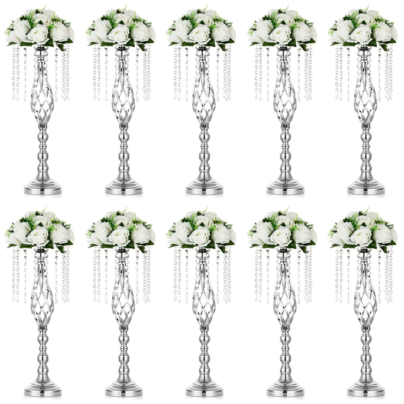 NUPTIO Silver Vase for Tables Centrepieces: 10 Pcs 55cm Tall Metal Crystal Flower Stand Vases Wedding Centerpiece Birthday Party Anniversary Housewarming Decorations
