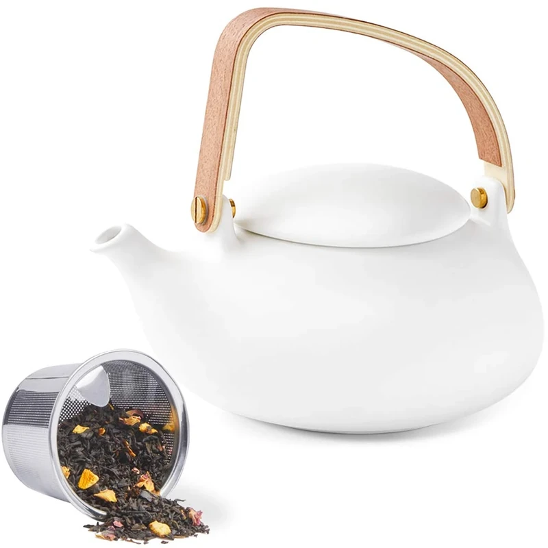 ZENS 800ml Japanese Ceramic Teapot with Infuser - Wood Handle