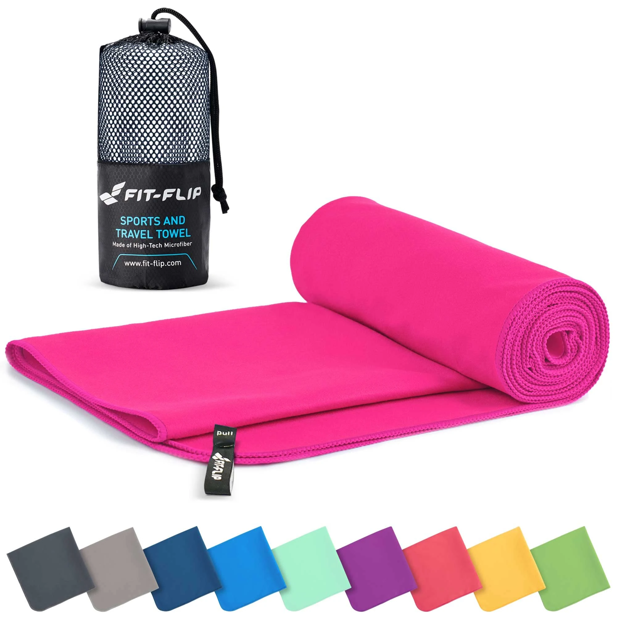 Fit-Flip Microfibre towel - compact, ultra lightweight & quick dry - perfect for gym, travel & beach - swimming towels for sports, camping & hiking (30x50cm pink + bag)