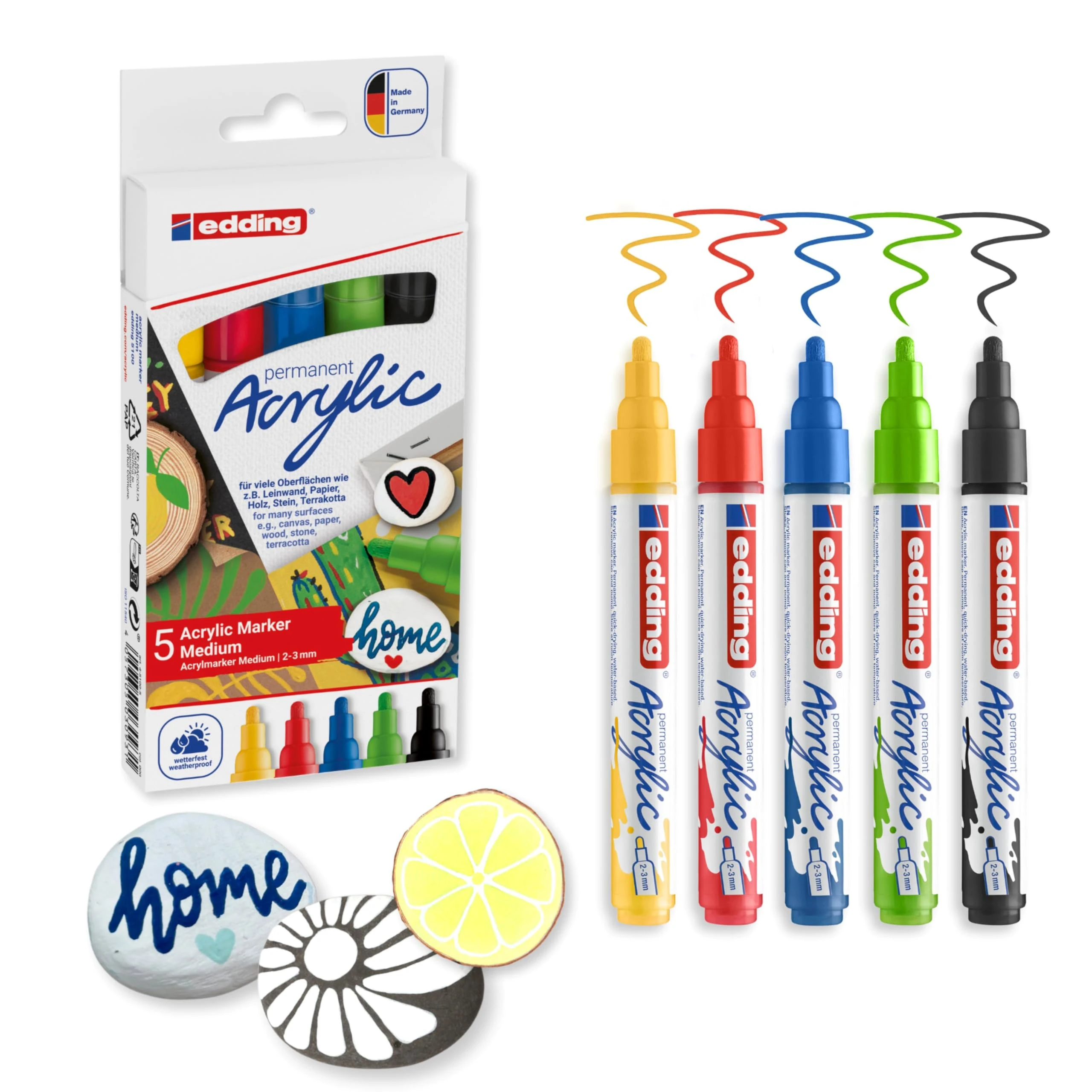 Edding 5100 Acrylic Markers - 5pk (Basic) - 5 Color Set Round Nib 2.0-3.0mm - Waterproof Acrylic Paint Markers for Canvas, Wood, Pebbles
