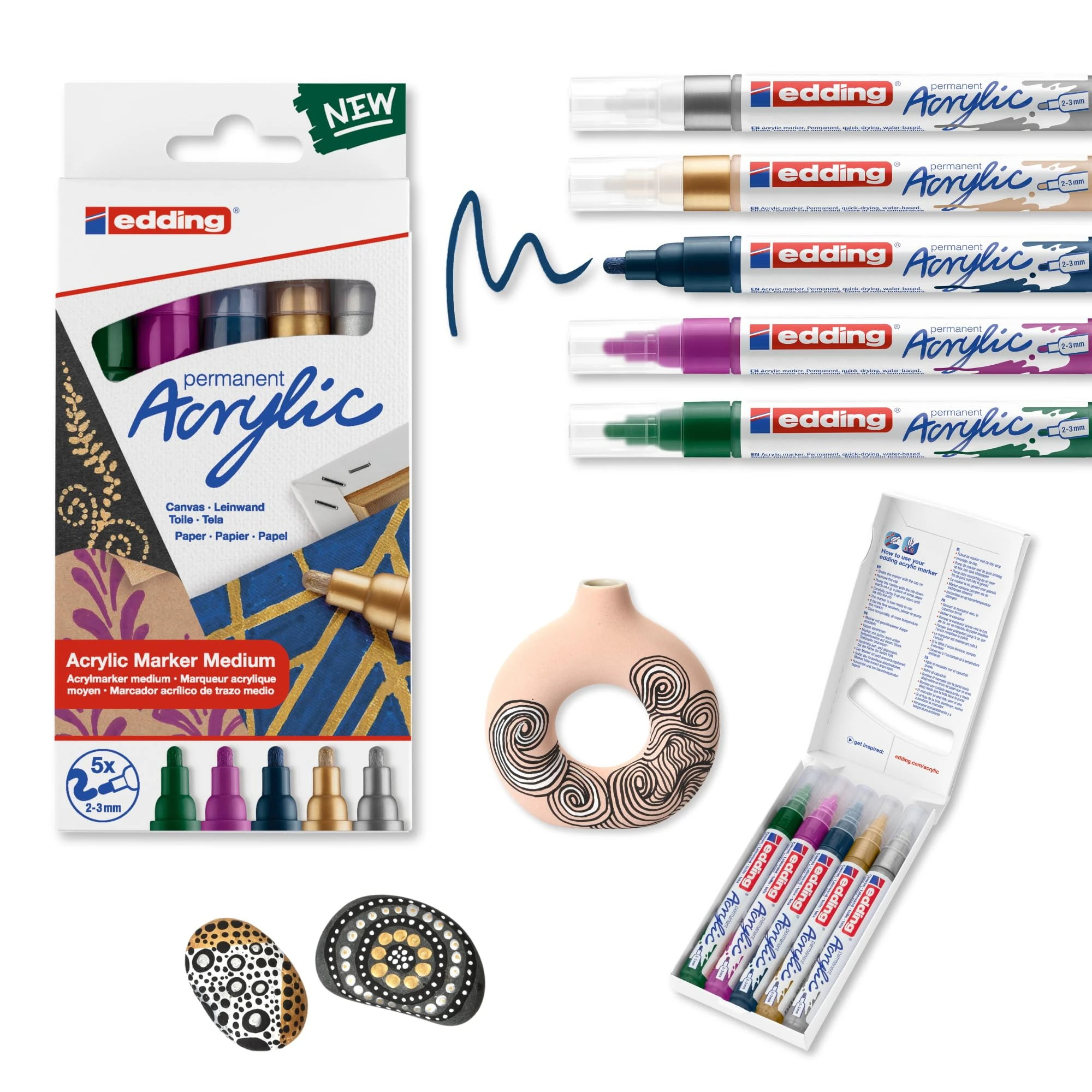 edding 5100 acrylic marker - green purple blue silber gold - acrylic paint markers 5-pack (metallic) - round nib 2-3mm - acrylic marker for pebbles, canvas and wood - acrylic marker waterproof
