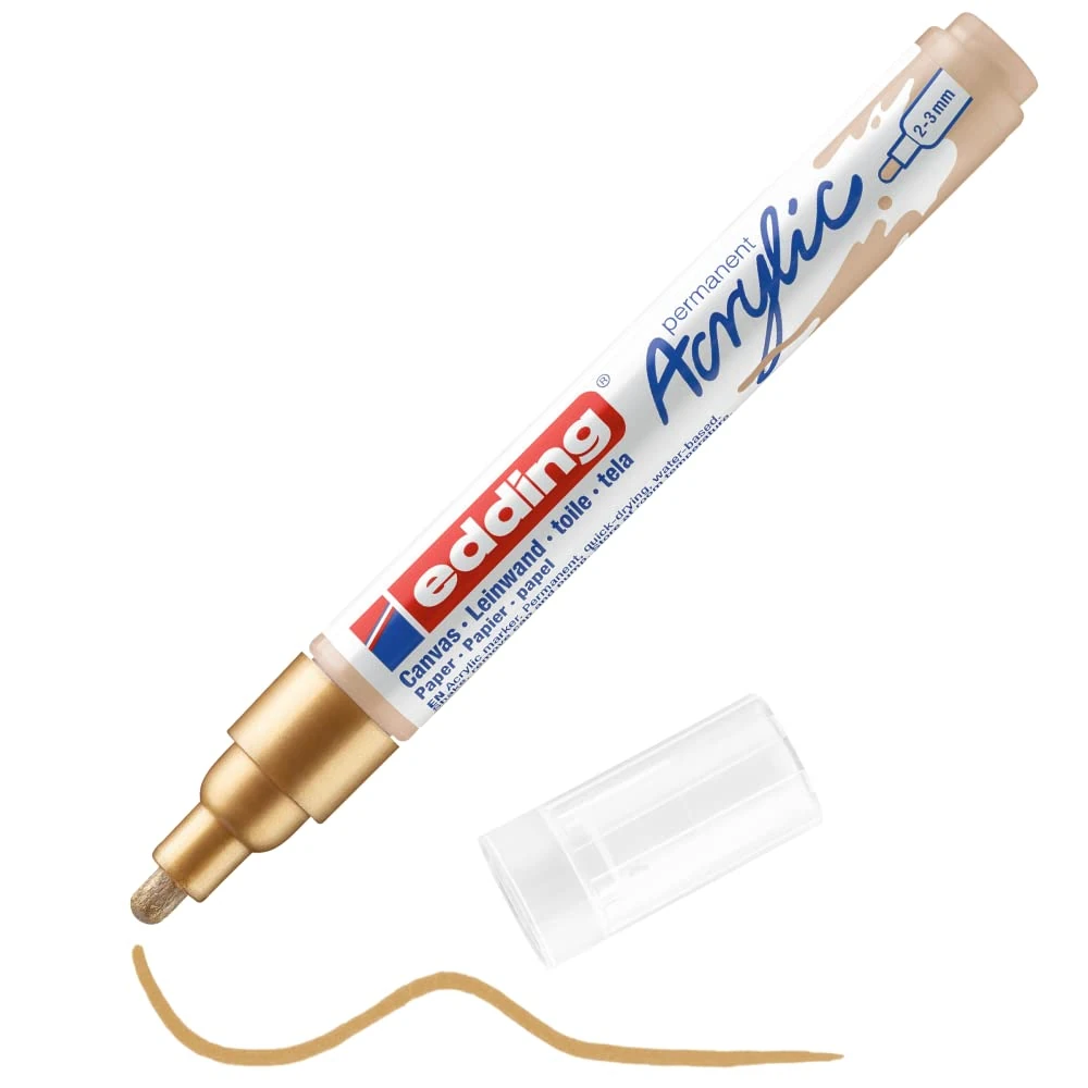 edding 5100 acrylic marker medium - gold - 1 waterproof acrylic paint marker - round nib 2-3mm - acrylic paint pen for drawing on canvas, art paper and wood - acrylic markers for pebbles