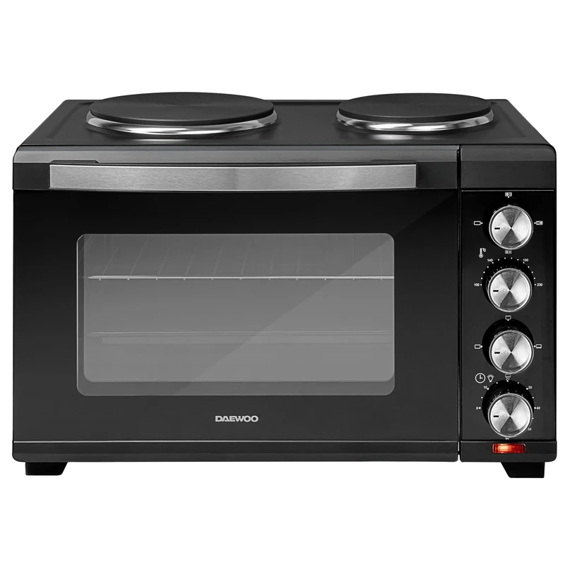 Daewoo 1500W 32L Capacity Electric Oven with 1000W and 600W Hot Plates, 90-230° Adjustable Temperature Settings and 60 Minute Timer with Indicator Light, 4SS Heating Element and Double Glass Door