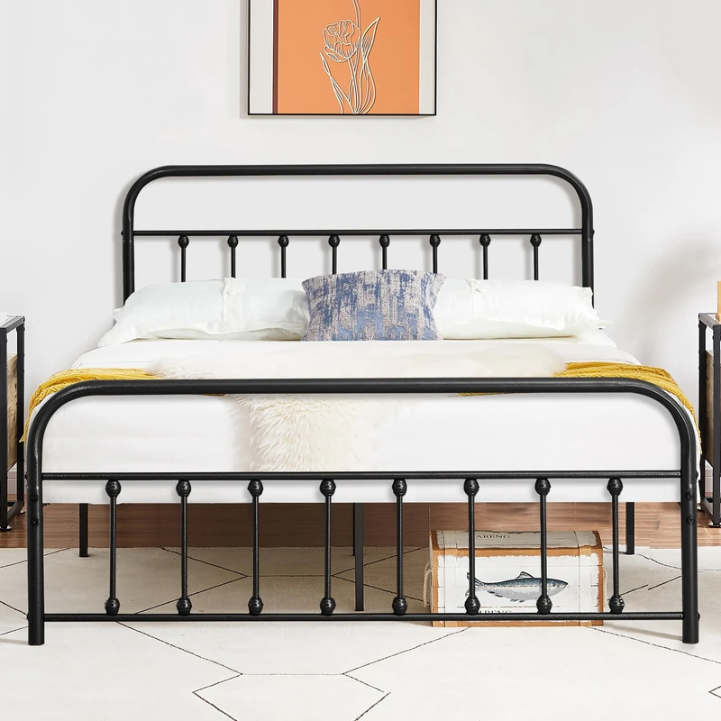 VECELO 4ft6 Double Metal Bed Frame, 135×190cm Platform with Vintage Headboard and Footboard, No Box Spring Needed, Premium Stable Steel Slat Support Mattress Foundation, Underbed Storage Space