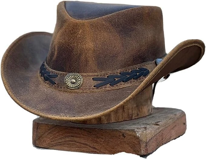 Shapeable Outback Hat Western Style Leather Cowboy Hat for Men and Women Wide Brim Vintage Old Style, Brown, M
