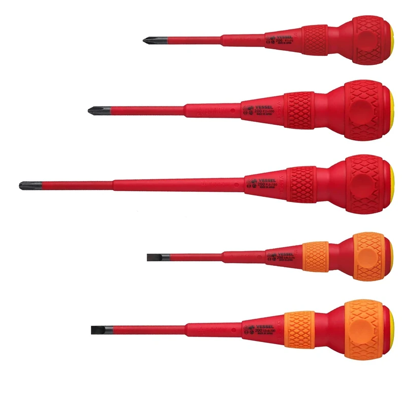 VESSEL Ball Grip VDE Screwdrivers (Insulated) Phillips/Flat, Set of 5 pcs