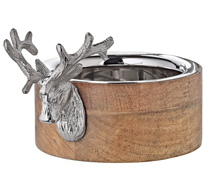Edzard Bowl Deer, Mango Wood with Deer Handle, Nickel-Plated Aluminium, Length 9.1 in, Width 5.1 in, Snack Bowl, Decoration Bowl