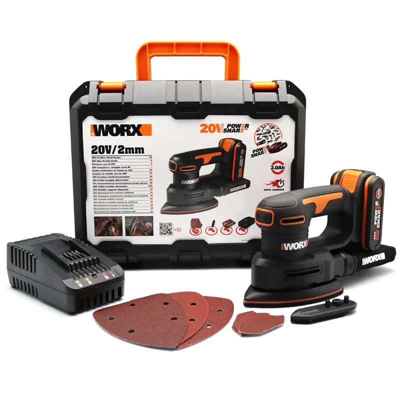Worx 20V WX822 Cordless Triangular Sander, Ideal for Sanding Wooden Furniture, Doors, Corners, Etc. Anti-Vibration System, Comes with 1 x 2Ah Battery, Fast Charger and Accessories