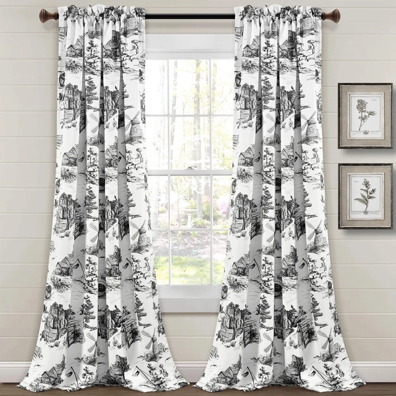 Lush Decor French Country Toile Light Filtering Window Curtain Panel Pair, 52" W x 84" L, White & Charcoal