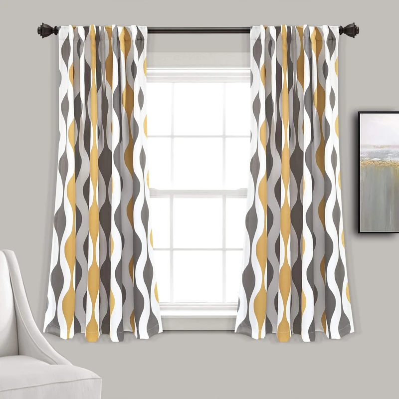 Lush Decor Mid Century Geo Room Darkening Window Curtain Panel Pair, 52" W x 63" L, Gold & Gray