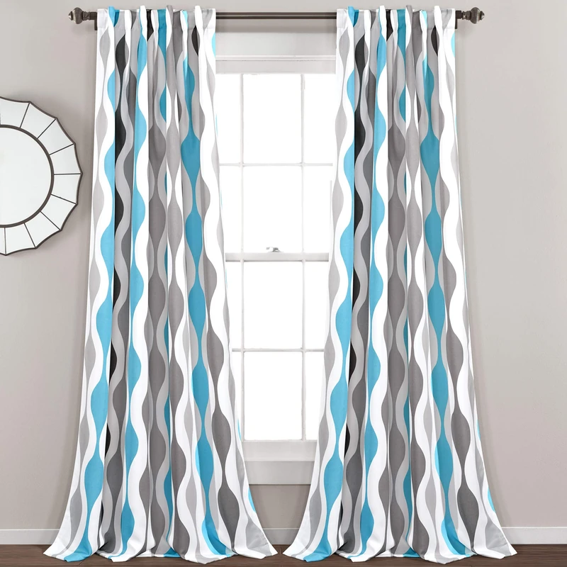 Lush Decor Mid Century Geo Light Filtering Window Curtain Panel Pair, 52" W x 84" L, Blue & Gray