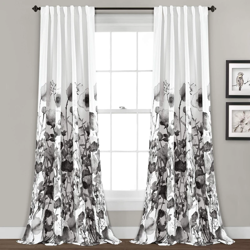 Lush Decor Zuri Flora Light Filtering Window Curtain Panel Pair, 52" W x 84" L, White & Black