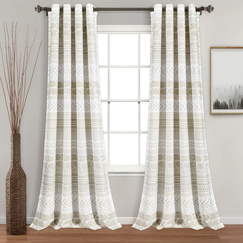 Lush Decor Hygge Geo Room Darkening Window Curtain Panel Pair, 84" L x 52" W, Taupe & White