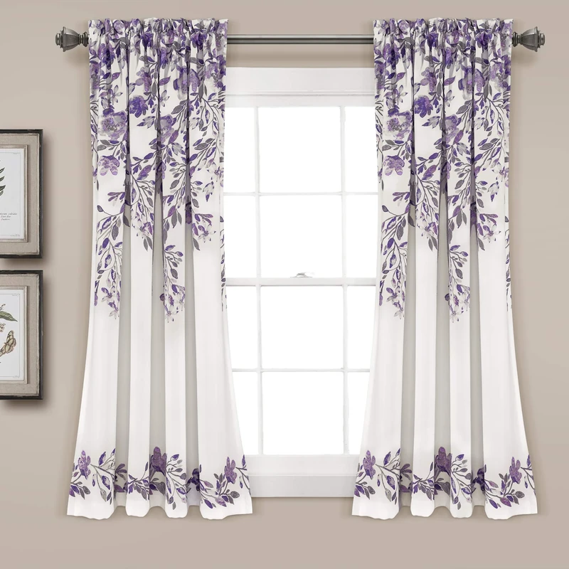Lush Decor Tanisha Curtains Room Darkening Floral Vine Print Design Window Panel Set (Pair), 52" W x 63" L, Purple & Gray