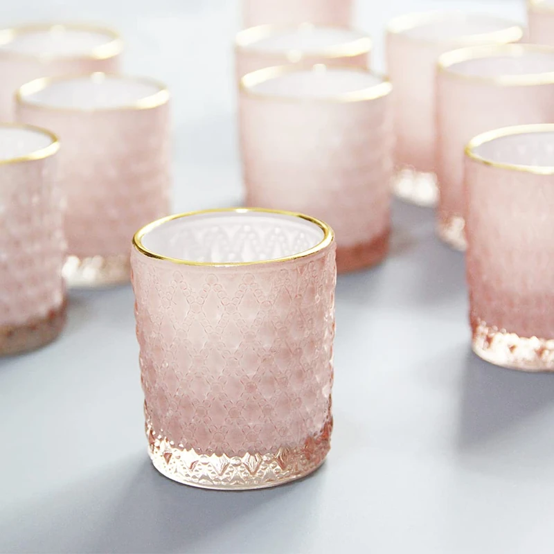 SHMILMH Pink Glass Candle Holder with Gold Line Set of 24, Tealight Holders Bulk, Votive Candle Holders, Tea Candle Holder for Table Centerpiece, Wedding, Thanksgiving Decoration, Home Decor