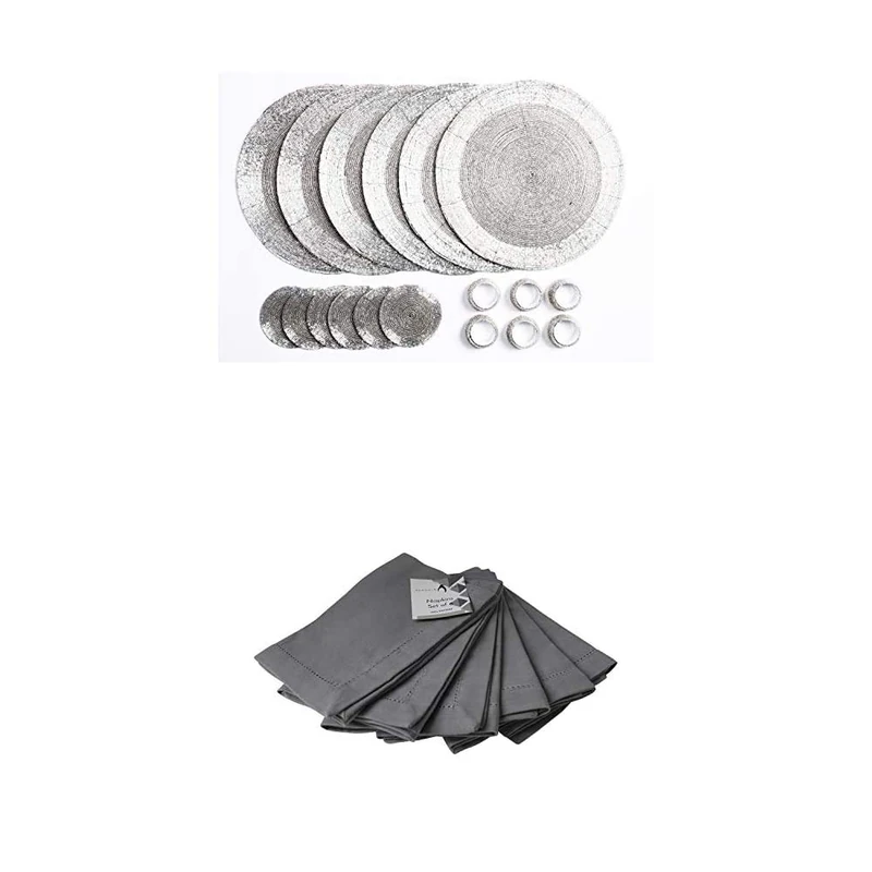 Penguin Home Handcrafted Glass Beaded, Coasters and Napkin Rings with 100% cotton Napkins - (Set of 24) - Silver