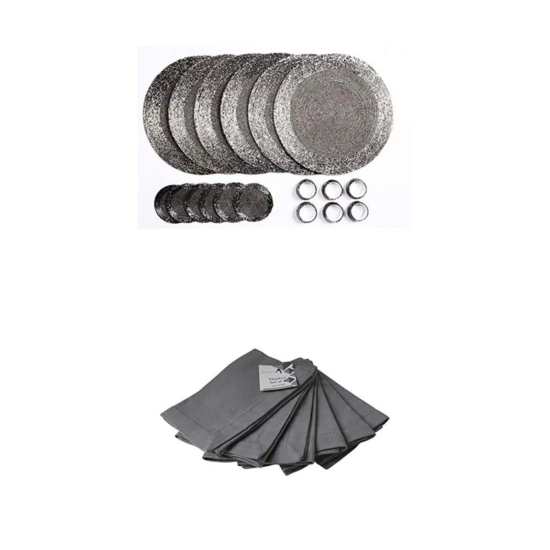 Penguin Home Handcrafted Glass Beaded, Coasters and Napkin Rings with 100% cotton Napkins - (Set of 24) - Antique Silver