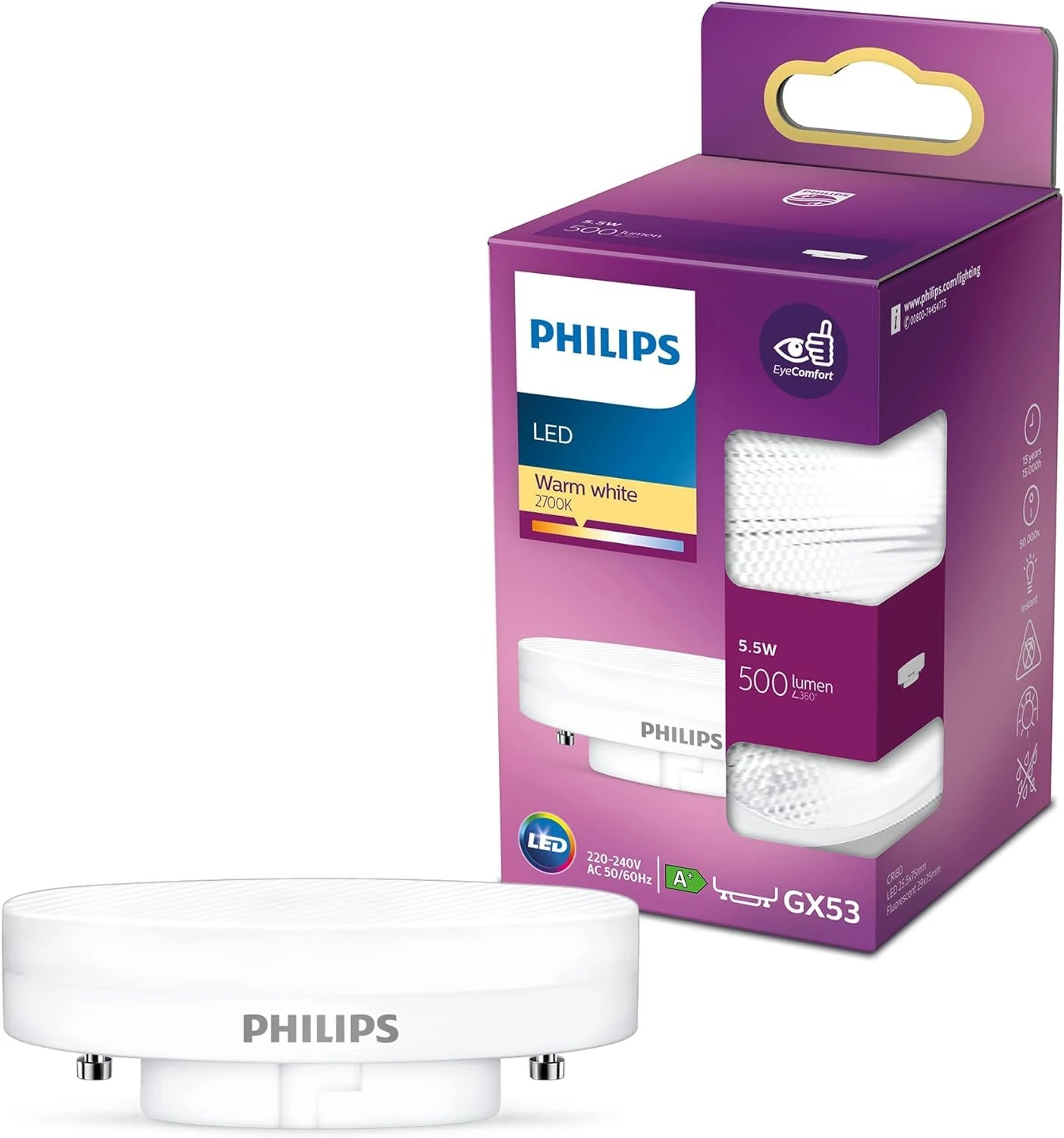 Philips LED Classic Light Spot [GX53] 5.5 W, Warm White 2700K, Non-Dimmable