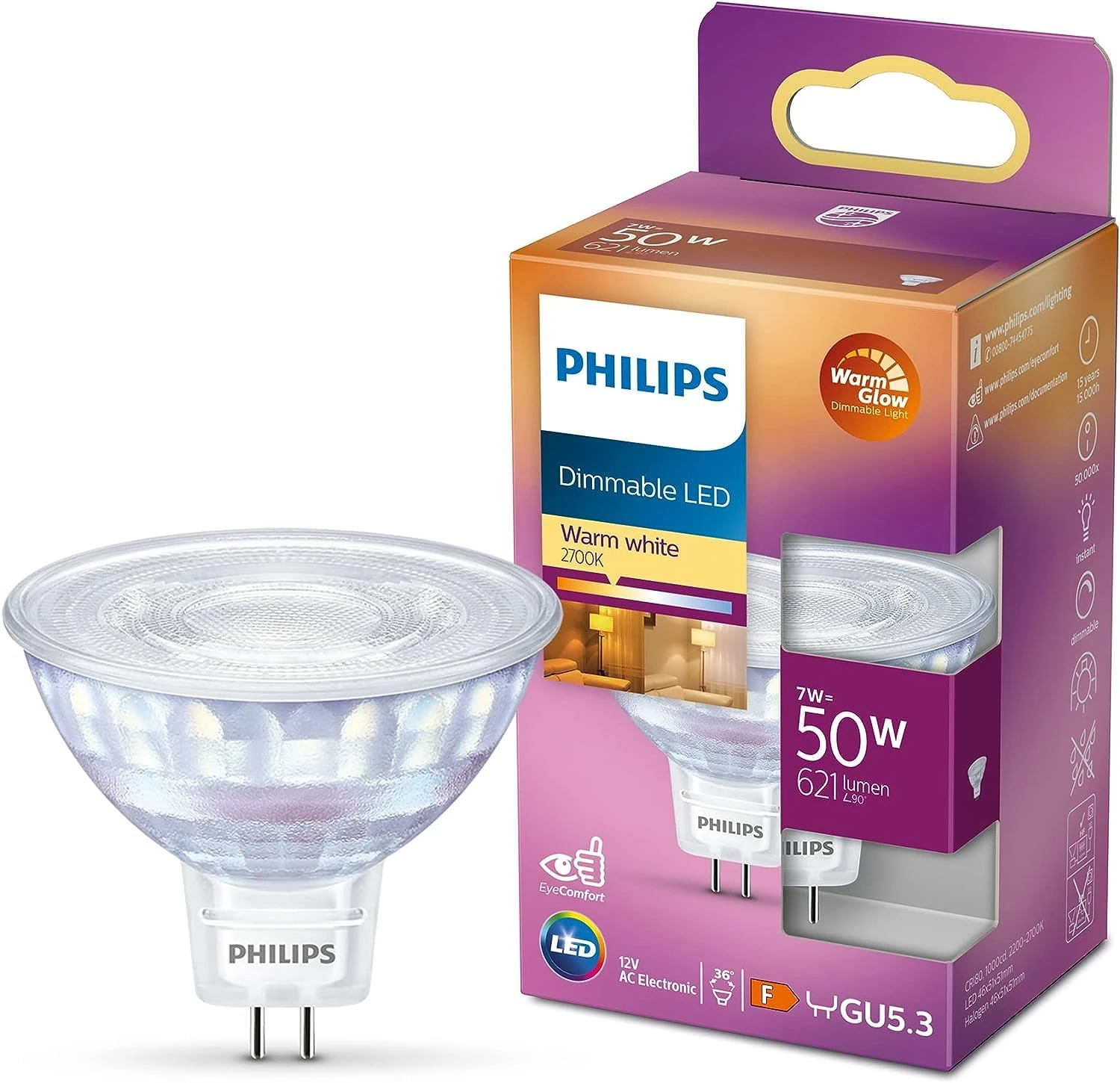Philips LED Classic Spot Warm Glow Dimmable Indoor Light [Warm White 2200 - 2700K] 7W - 50W Equivalent. Spotlights for Indoor Home Lighting