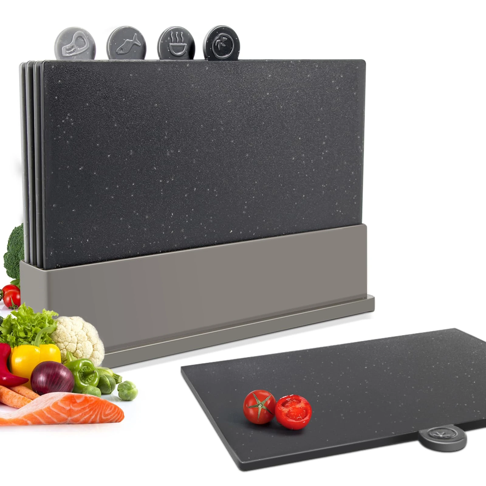 Masthome Chopping Board Set, Dishwasher Safe Plastic Cutting Board with Stand & Food Icons, 4pcs Non Slip Index Chopping Board for Kitchens Meat Vegetables and Bread, BPA-Free, 31.5x21.5 cm, Black