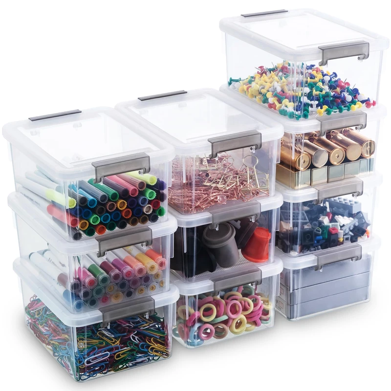Citylife 1.3 QT 10 Pack Small Storage Bins Plastic Storage Container Stackable Box with Lids for Organizing, Clear White