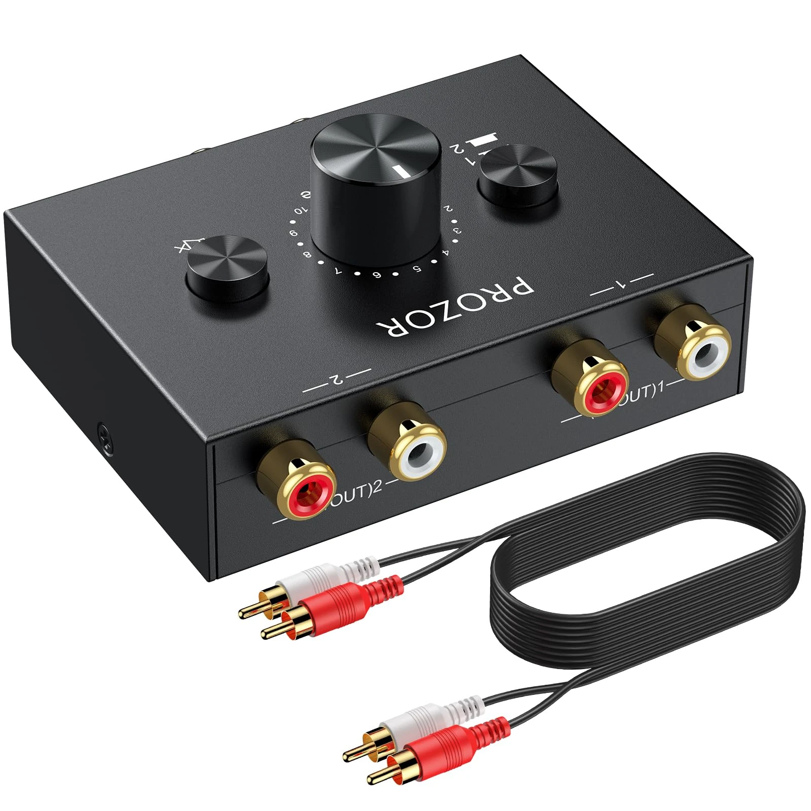 PROZOR RCA Audio Switcher 2(1)-In-1(2)-Out Bidirectional RCA Speaker Switch Box with Volume Control Mute Button and No External Power Required