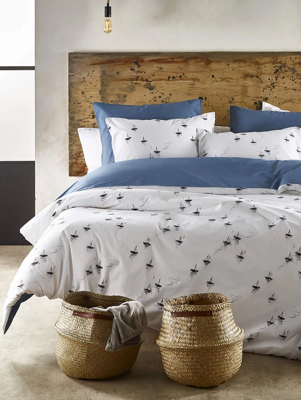De Witte Lietaer Hiroshi Bedding Set: Duvet Cover and Pillowcase, Cotton, White/Blue, 140 x 220 cm