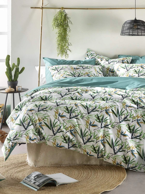 De Witte Lietaer Salix Bedding Set: Duvet Cover and Pillowcases, Cotton, White/Green, 260 x 240 cm