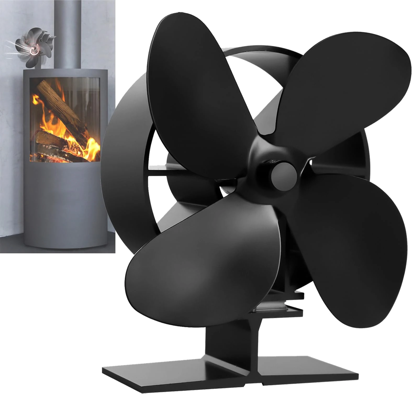 BenkerEsti Wood Stove Fan 4 Blades Silent Operation Wood/Log Burner/Fireplace- Color Black