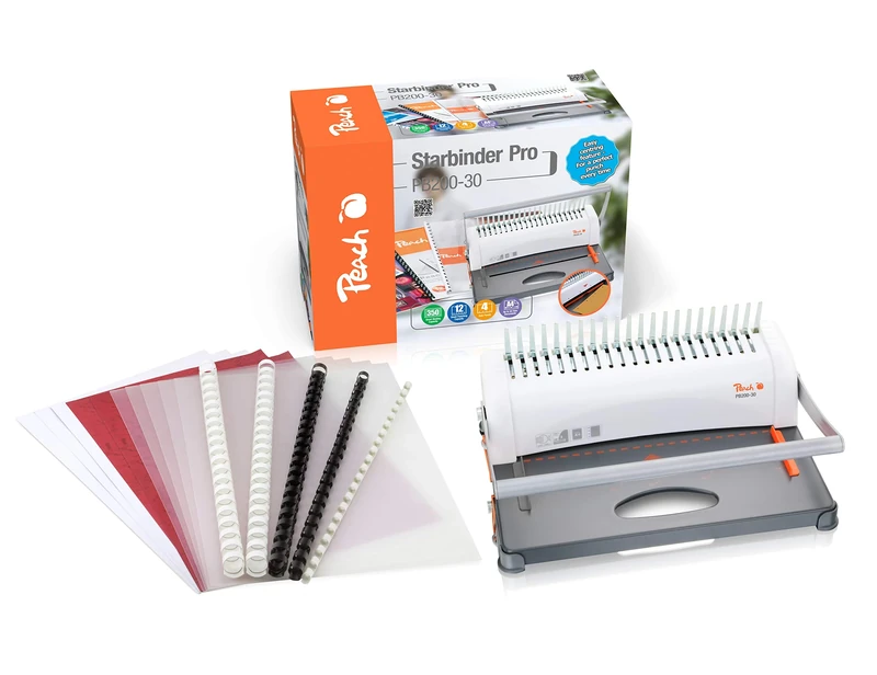 Peach PB200-30A Plastic Binding Device | Star Binder Pro - DIN A4 | Price/Performance Winner | Binds 350 Sheets | Max. 38 mm Binding Spine, 12 Sheets Punching Capacity, incl. Starter Set