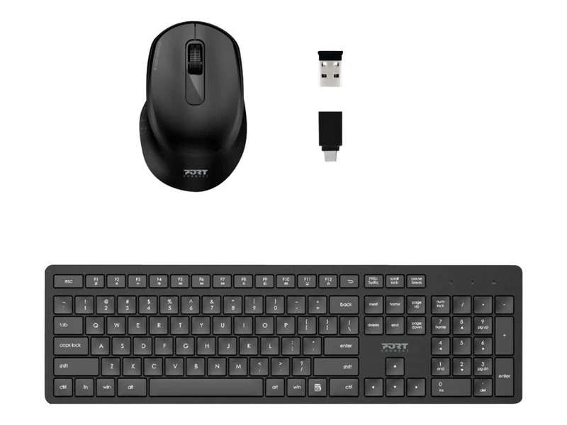 PORT CONNECT Pack de Bureau Sans Fil : Souris 1600 DPI et Clavier Wireless 2.4 GHz USB-A/USB-C