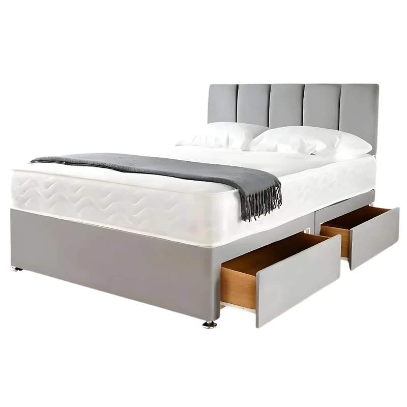 Divan Beds Deals King Size Bed | Grey Suede Fabric Vertical Liner 20 Inch Headboard 10 Inch Spring Memory Foam Mattress 2 Storage Drawers