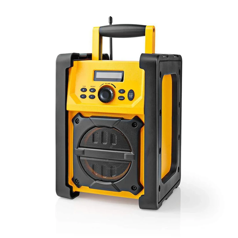 Ex-Pro Job Site FM Radio with Bluetooth, IPX5 Water Resistant Portable Heavy Duty Speaker with AUX In, 20 Presets & Carry Handle, Battery or Mains Powered - Yellow