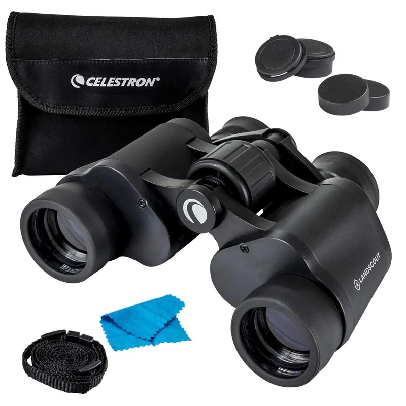 Celestron 72356 LandScout 7x35mm Water-Resistant Porro Prism Binoculars with Rubber Grip Surface, Coated Lens, K9 Optical Glass, Neck Strap and Soft Carry Case, Black