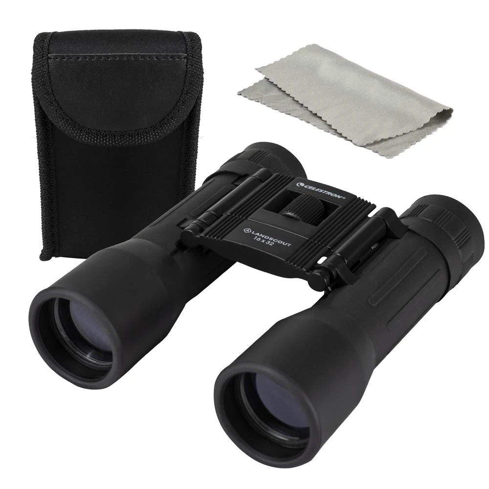 Celestron 72354 LandScout 16x32mm Water-Resistant Roof Prism Binoculars with Rubber Grip Surface, Coated Lens, K9 Optical Glass, Neck Strap and Soft Carry Case, Black